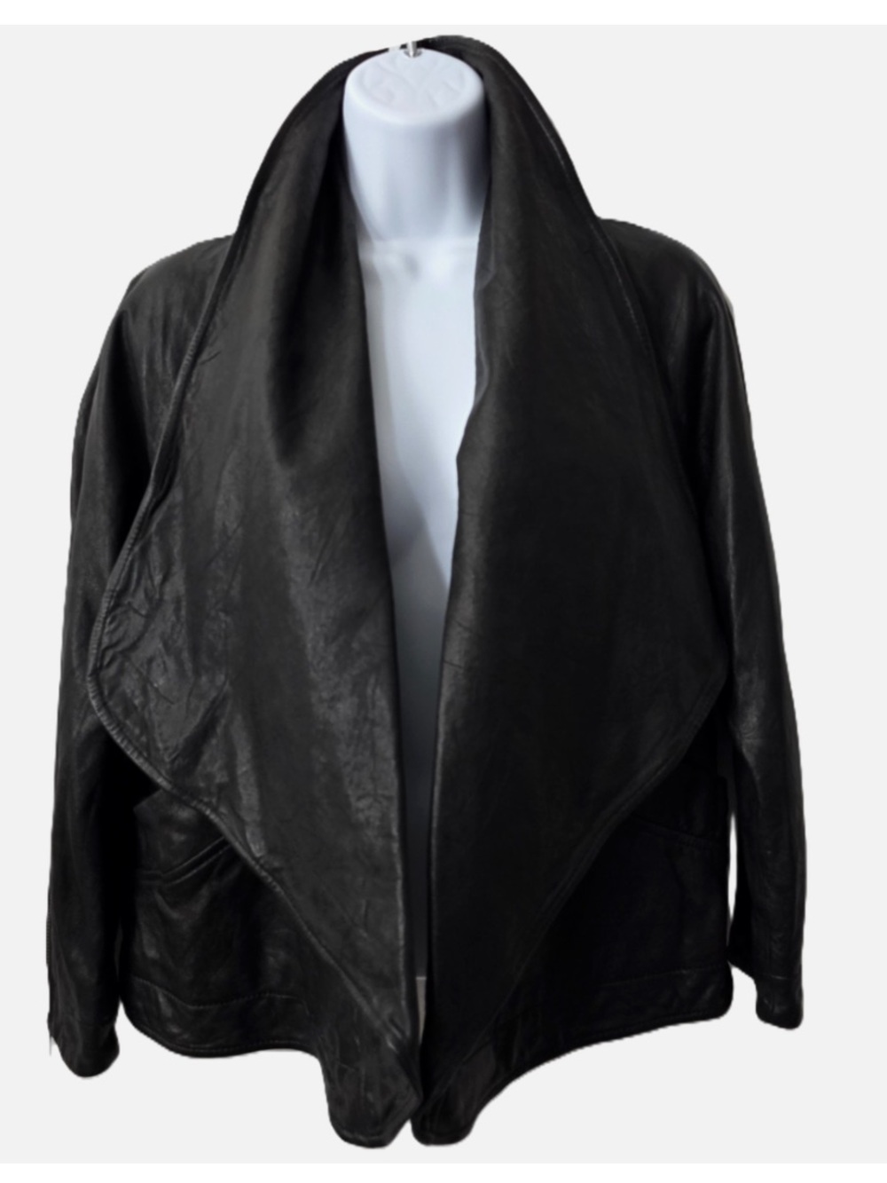 VINTAGE Y2K French Connection Leather Open Front Soft Leather Black Crop Jacket,